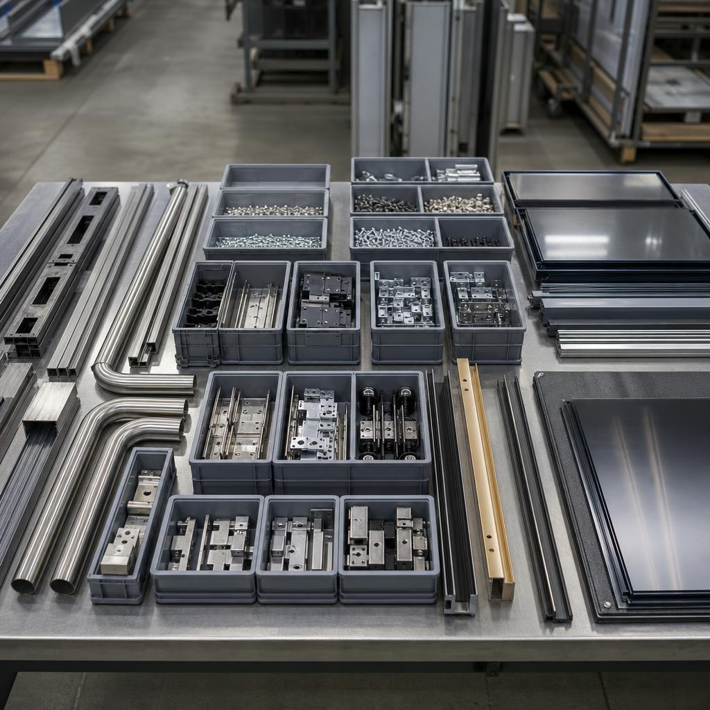 Kitted elevator cab components laid out in labelled bins on a workbench