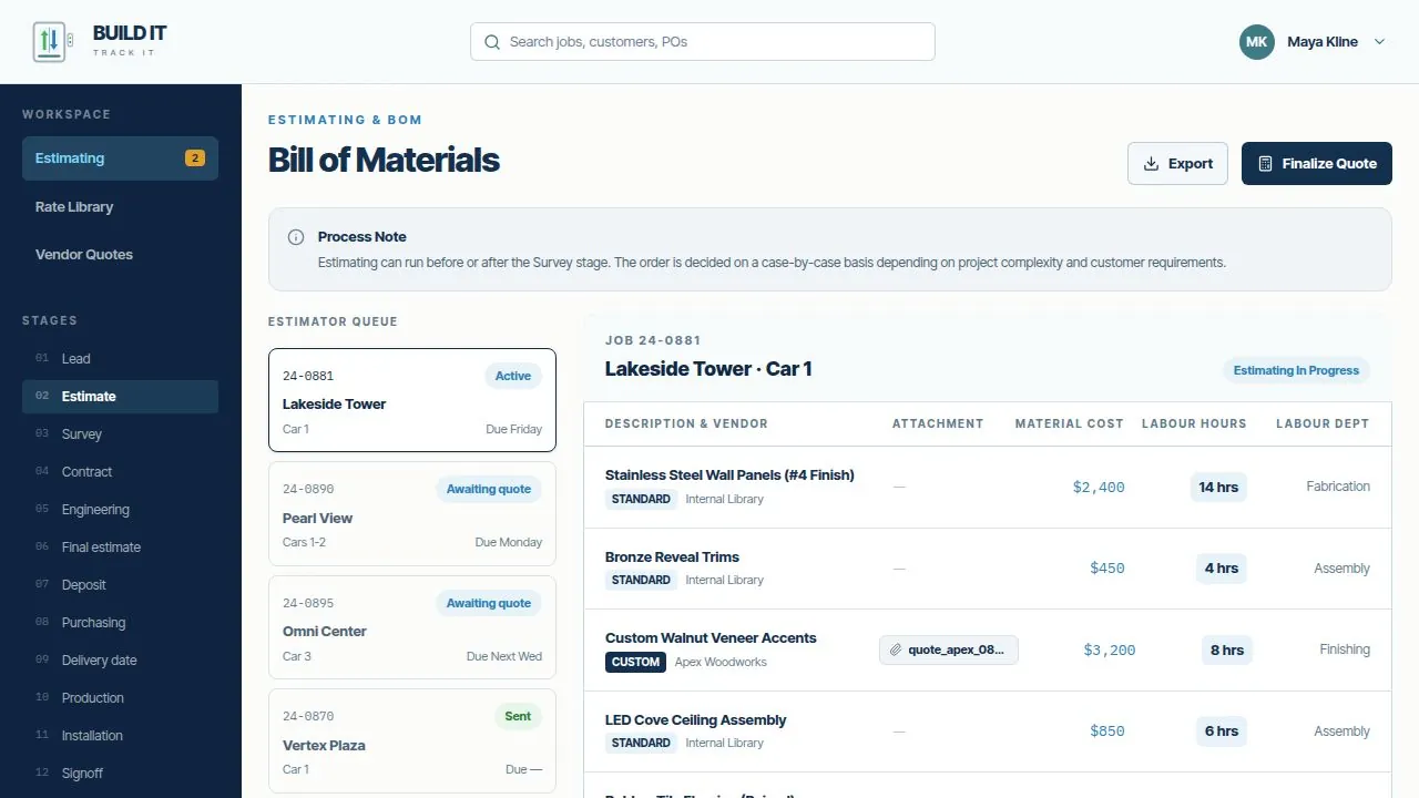 Build It Track It estimating workspace showing the Bill of Materials for Lakeside Tower Car 1 with material costs, labour hours, and vendor breakdown