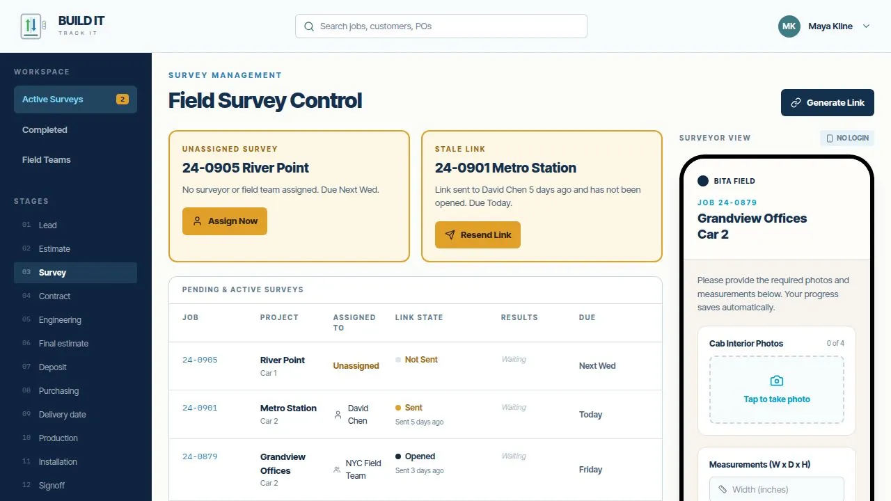 Build It Track It field survey control panel showing active surveys, surveyor assignments, and the mobile surveyor view with required photo capture