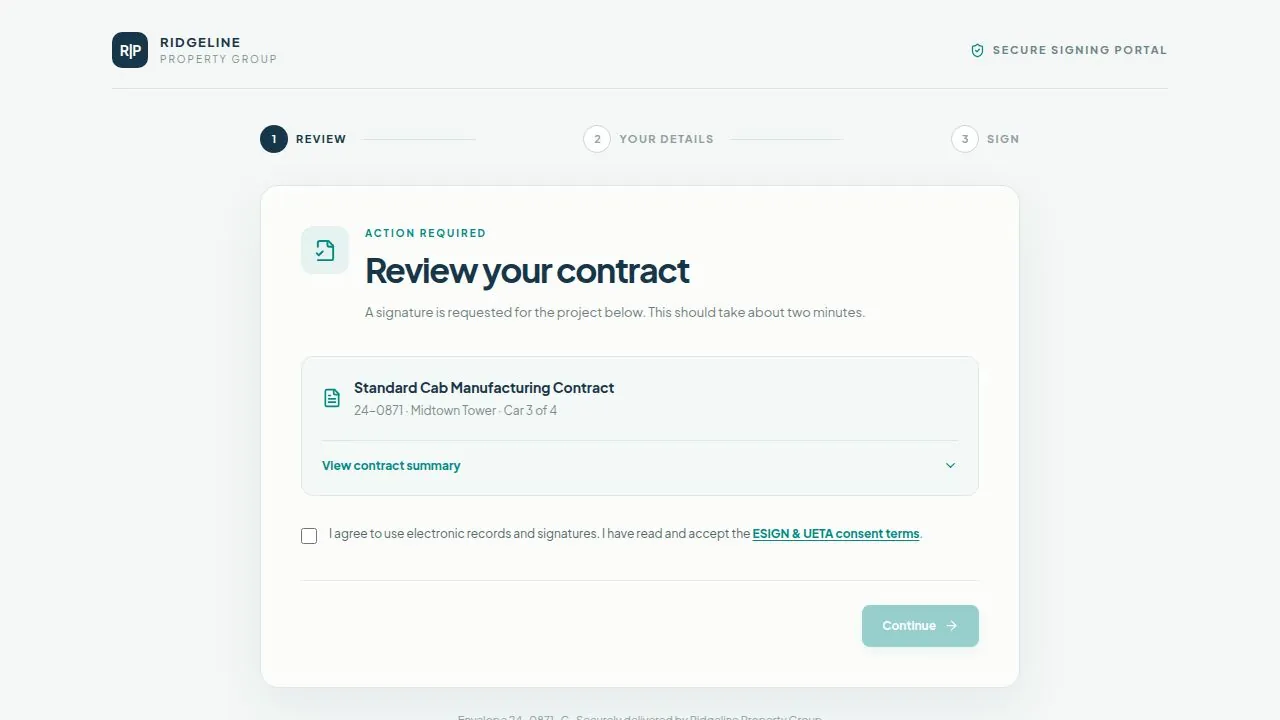 Build It Track It secure contract-signing flow and signed-document confirmation