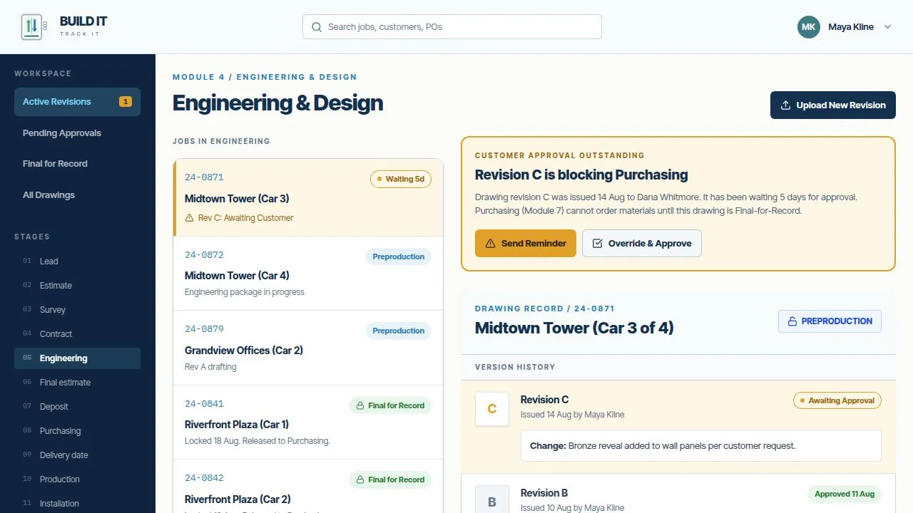 Build It Track It engineering workspace showing drawing revisions with customer approval outstanding
