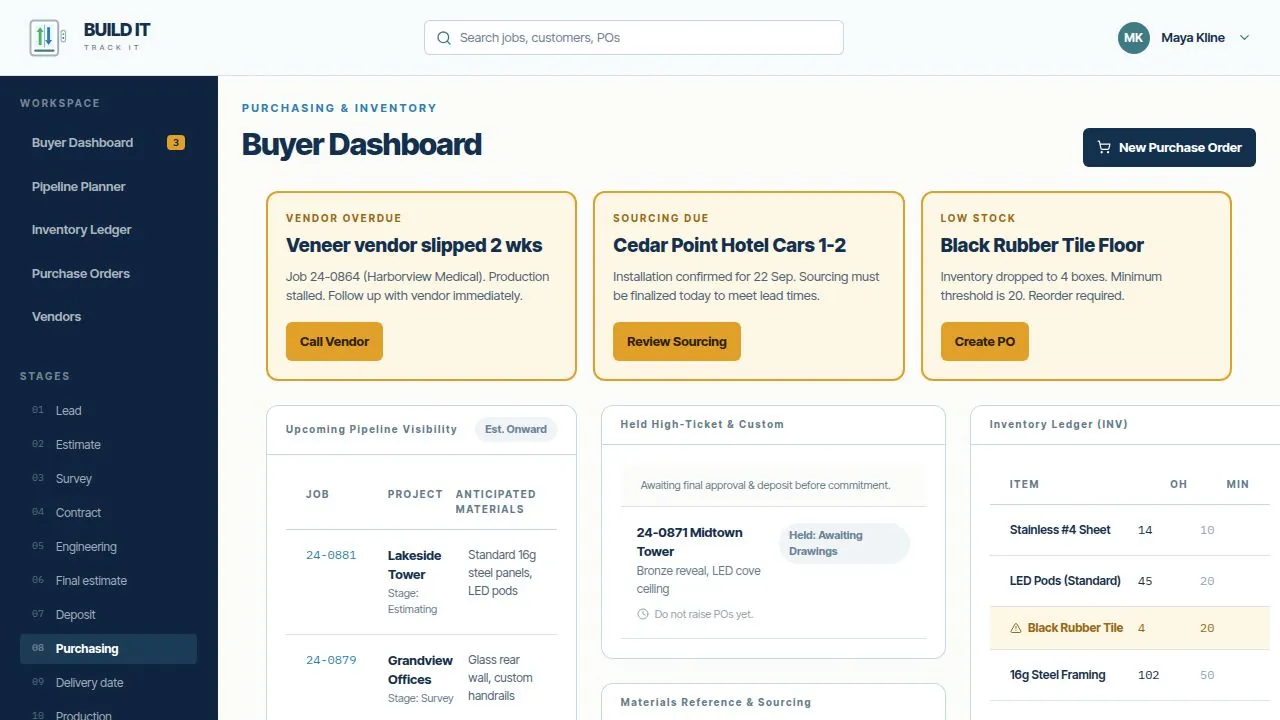 Concept preview of the planned Build It Track It purchasing and inventory stage