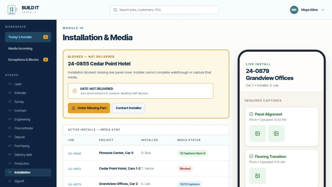 Build It Track It installation dashboard showing blocked installation alert for Cedar Point Hotel, active installs with media sync status, and mobile evidence-capture panel