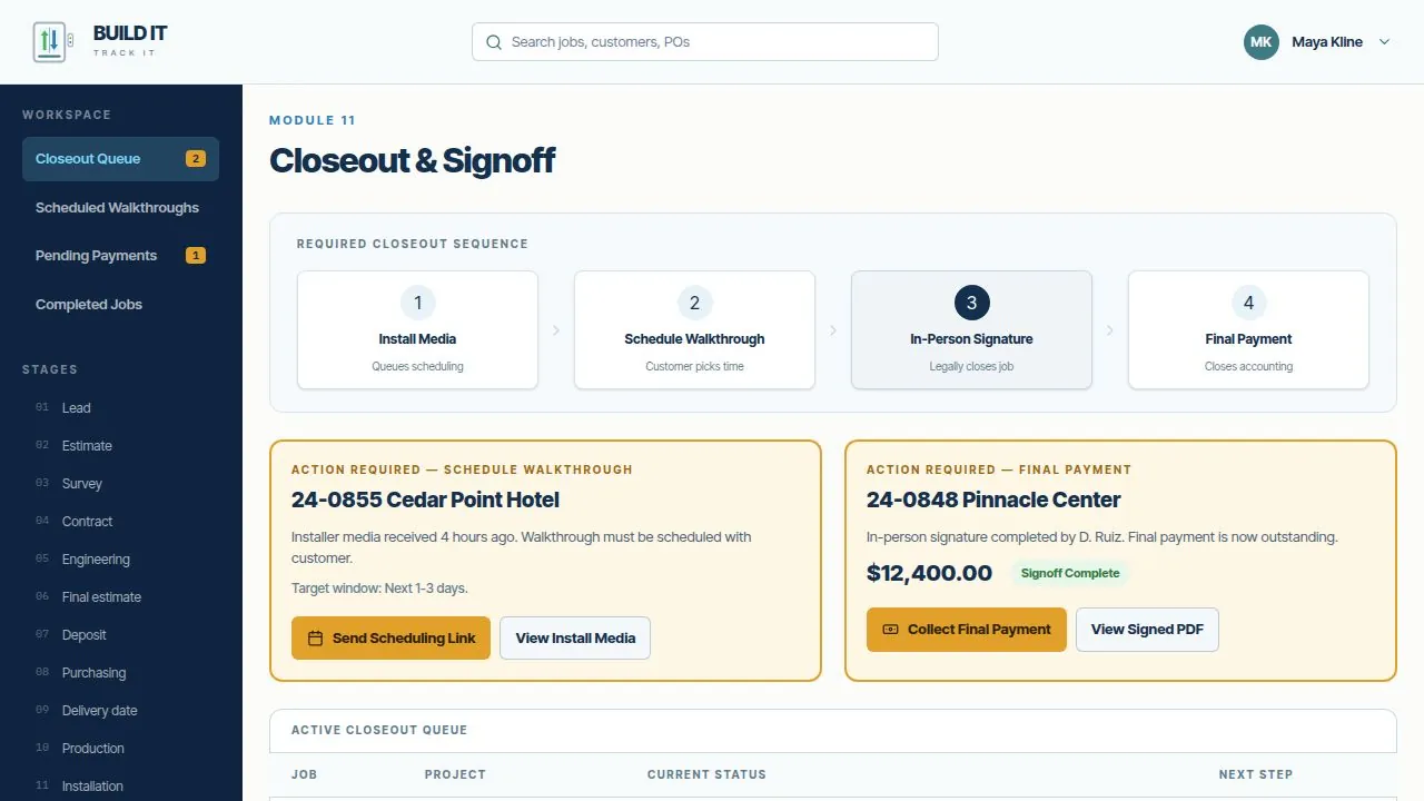 Concept preview of the planned Build It Track It closeout and signoff workflow